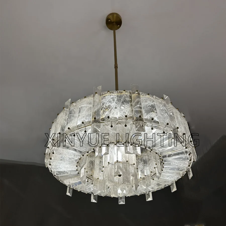 Modern Luxury Natural Stone Rocks Quartz Lights Round Living Room Bedroom Restaurant Crystal Chandelier