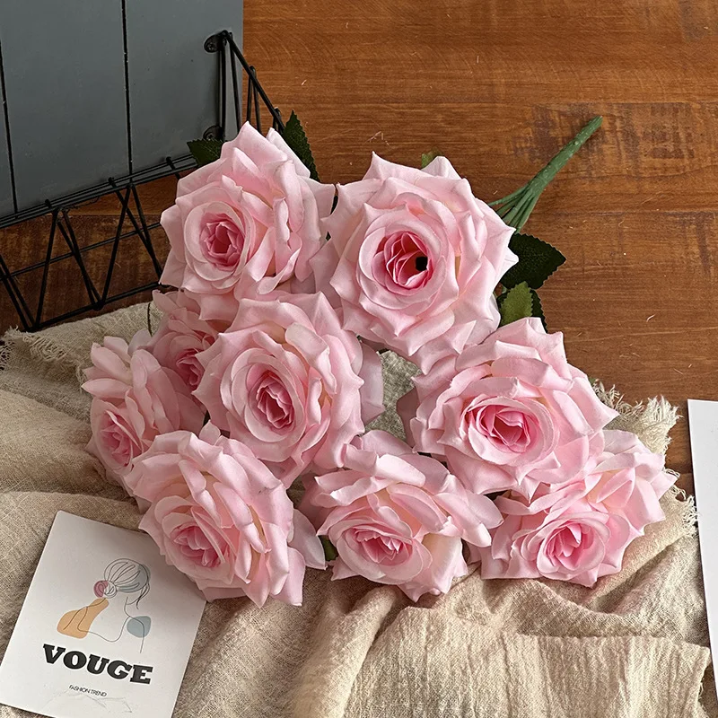 Hot Sale Silk Rose Wedding Flower Bouquet Bulk 9 Heads Silk Rose Bouquet Flowers For Bridal