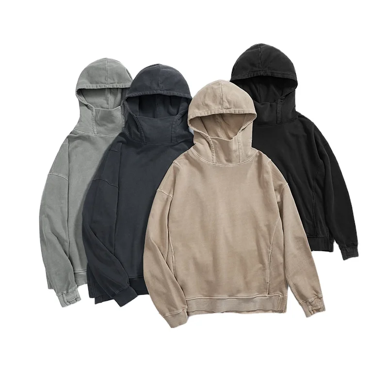 Custom Men high funnel neck Ninja with thumb holes streetwear cotton heavyweight vintage reverse brown hoodie washed distressed