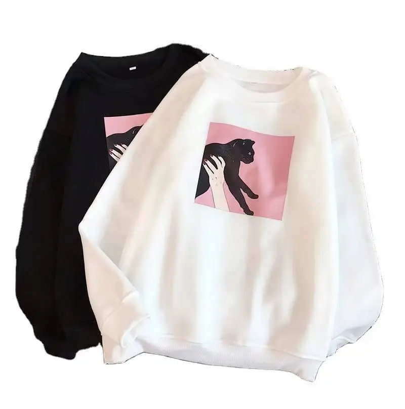 1 Spring and Autumn 2024 New Korean version of round neck and velvet sweater female print Joker wide student coat