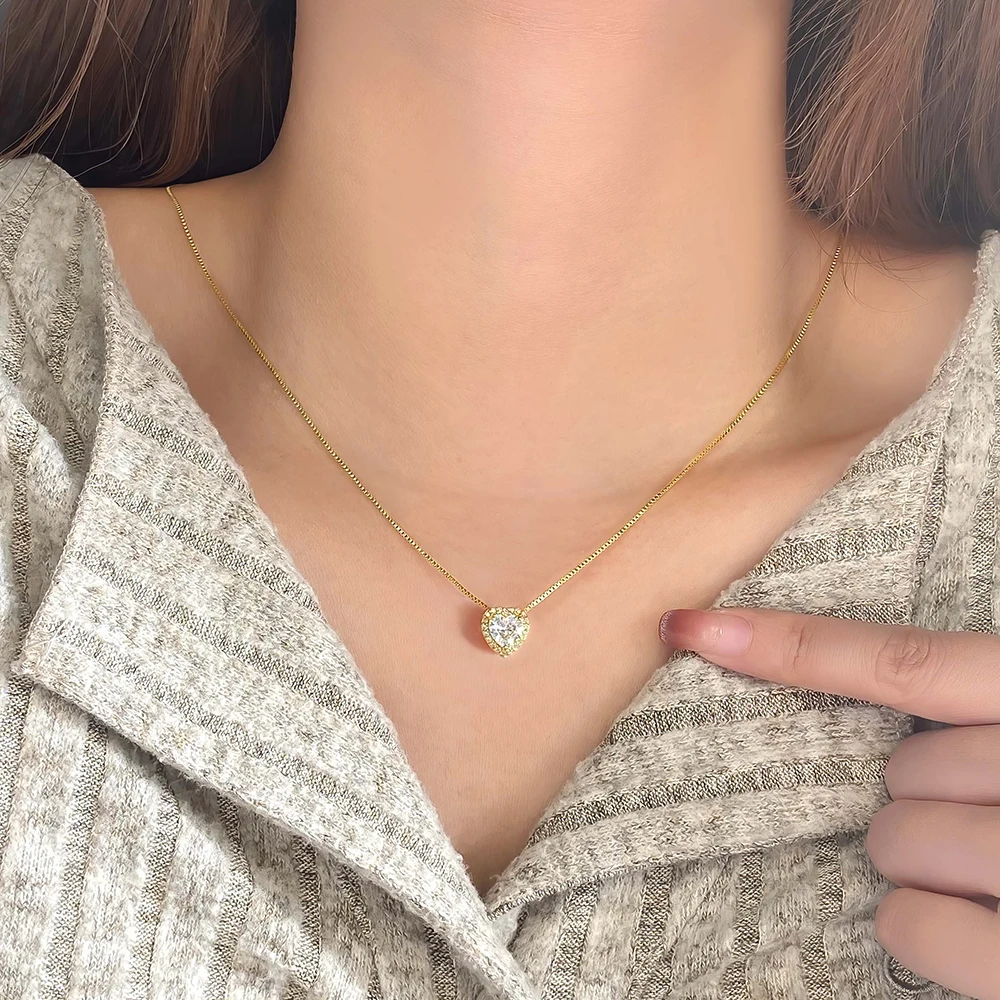 FOXI solid 925 pure silver necklace 5A CZ Heart Design Dainty Turkish Handcrafted 925 sterling Silver heart Charm Necklace