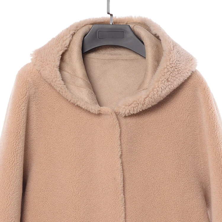 New product JTF women wholesale ladies  eco woolen winter lamb fur suede shearling with hooded wool coat