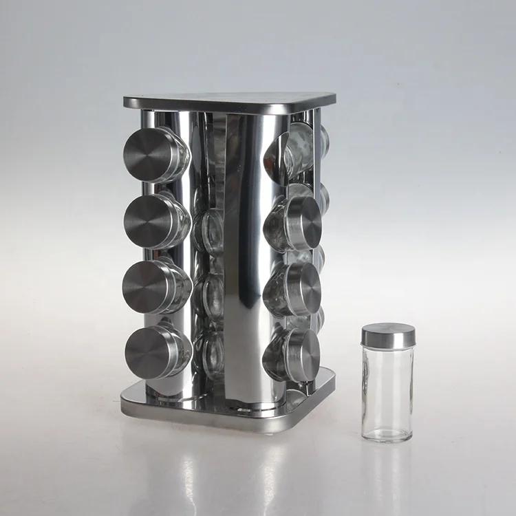 wholesale food grade decorative rotating glass spice jar bottle rack set with plastic stand and screw lid