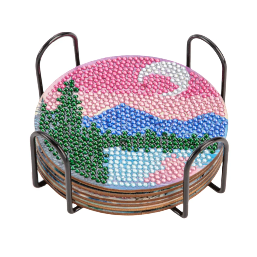 6pcs Round Nature Sunshine Pattern Artificial Diamond Painting Coaster DIY Super Flash Diamond Painting Coaster Kits Kitchen