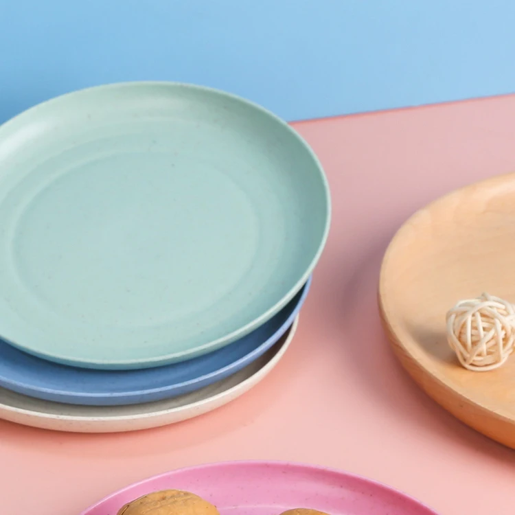 Microwavable Safe Shallow Wheat Straw Plate Colorful Restaurant Camping Travel Plastic Plate