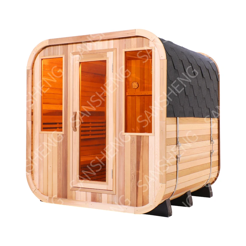 Optional Size Thermowood Spa Tubs Outdoor Square Cube Sauna Rooms with Asphalt Shingle Roofs