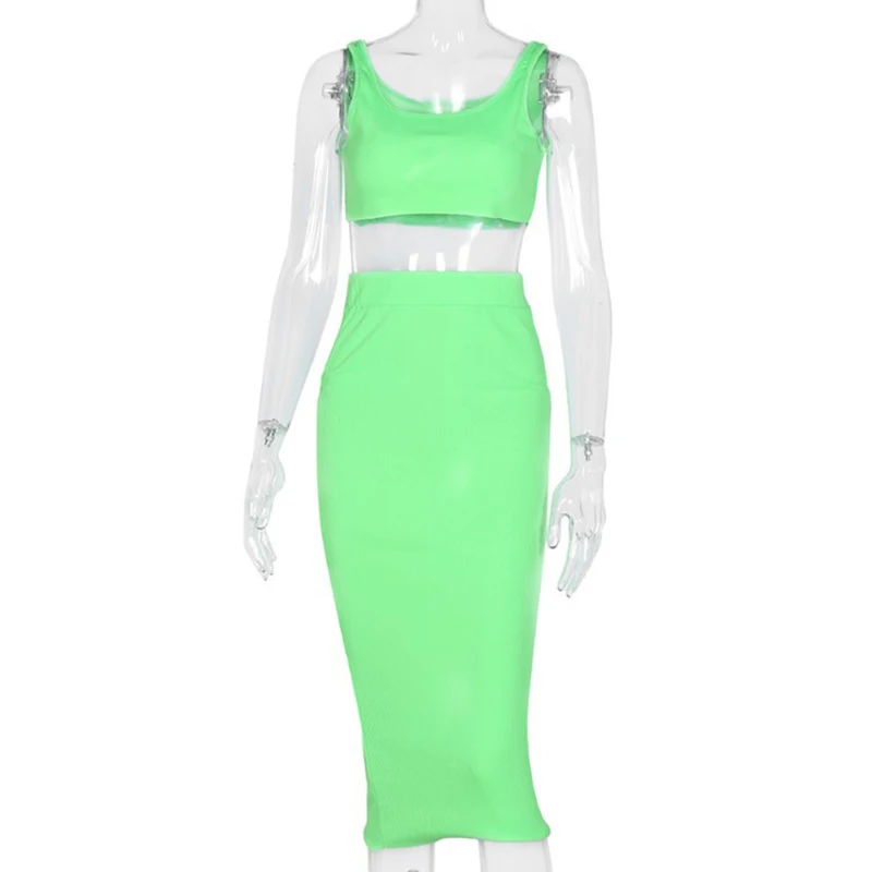 Summer solid color knitted suit crop top vest and high waist skirt two-piece women casual sexy tights set