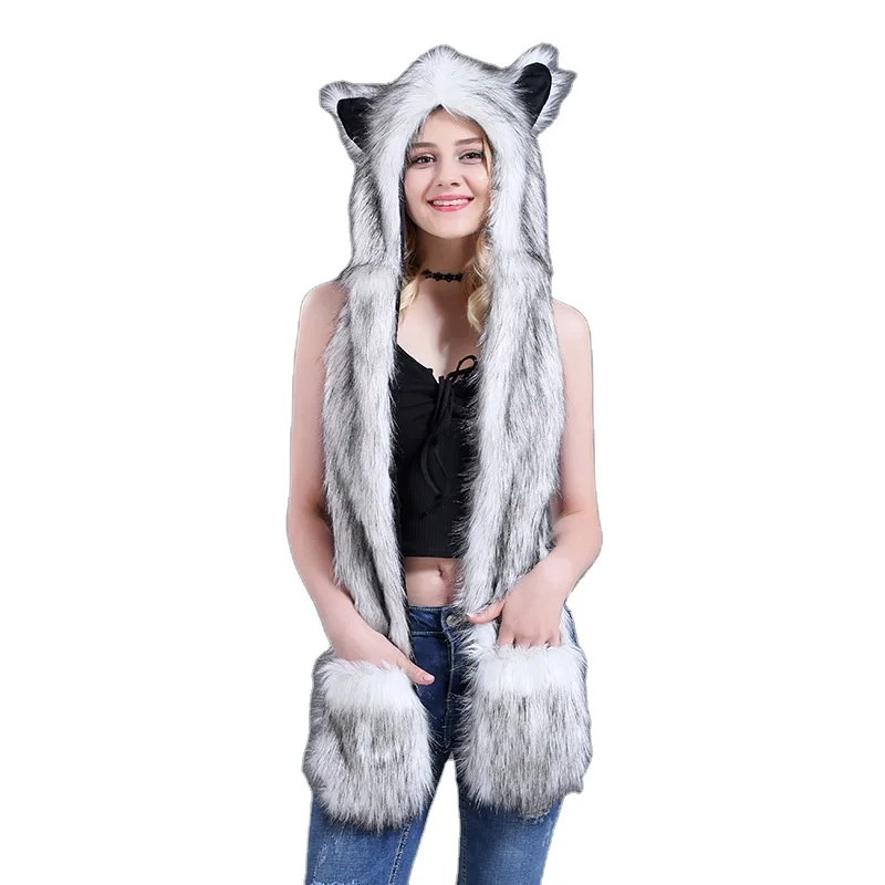 Novelty Animal Leopard Panda Fox Wolf Faux Fur Critter Scarf with Hat Snood Pockets