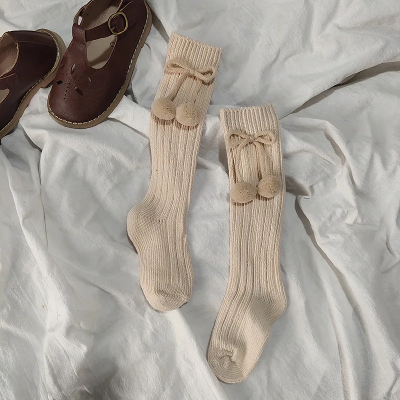 LRT New Design Wholesale European Knit Cotton Baby Knee High Socks Custom Cute Winter Pompon Ribbed Kids Long Socks