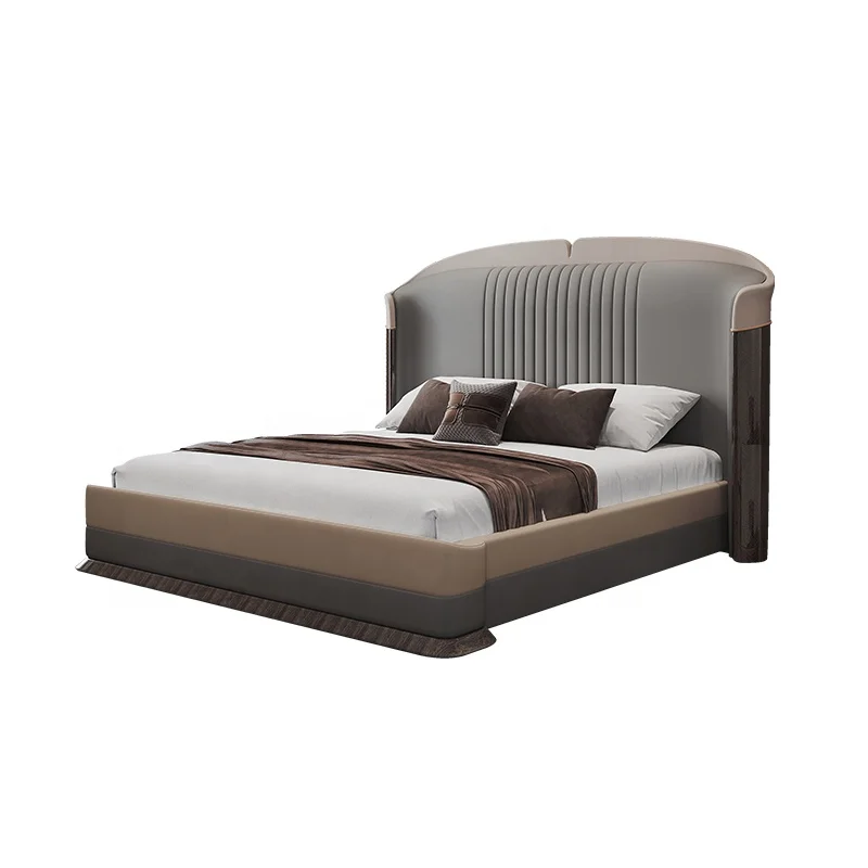 Modern Design Bedroom Furniture Genuine Leather King Bed Luxury Villa Hotel Double Solid Wood Bed