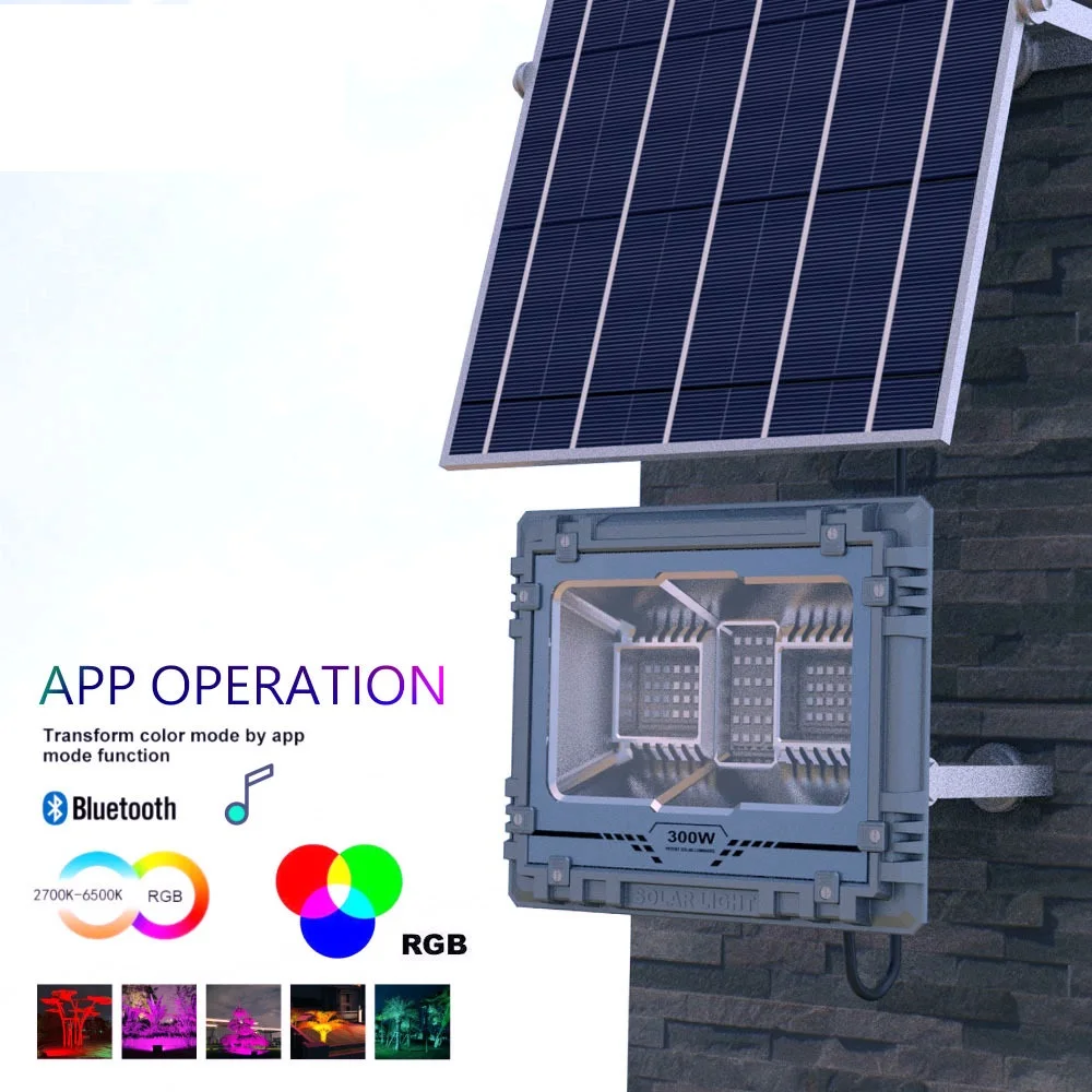 APP CTRL 60W 100W 200W 300W 500W 800W Dream Color LED Solar IP67 Waterproof Flood Light for Park Plaza Garden Yard Landscape