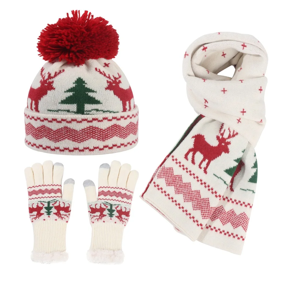 Winter Christmas design knitted funny hat scarf and gloves set keep warm for kids
