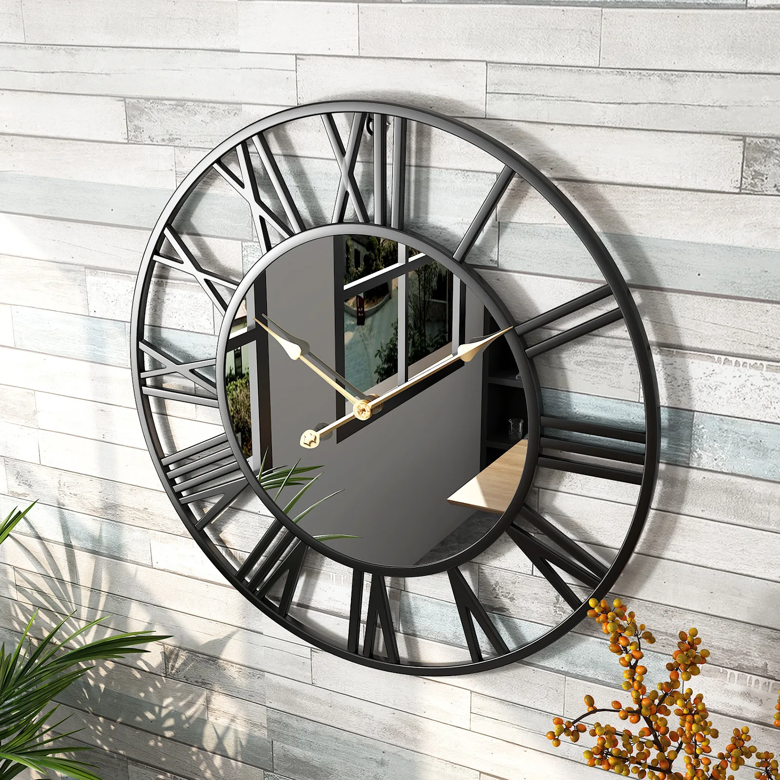 creative circular metal living room and roman numerals mirror wall clock