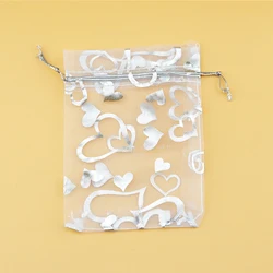 Wholesale 100pcs/lot White Organza Bag 7x9cm Silver Heart Print Wedding Jewelry Organizer Packaging Bags Pouches Nice Gift Bags