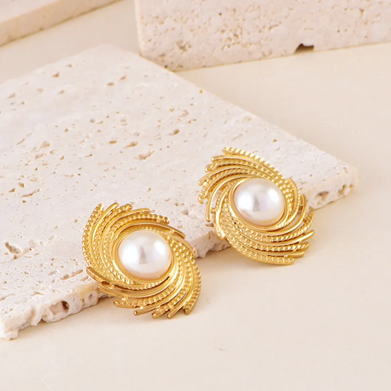 Fashion exaggeration Earrings Stainless Steel Flower earrings Pearl set spiral hurricane shaped pearl studs woven earrings