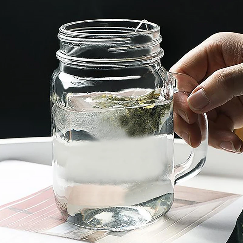 Wholesale Clear  Custom Logo Printing Embossed Bubble Tea Mason Jar Glass With Lid 16oz With Handle