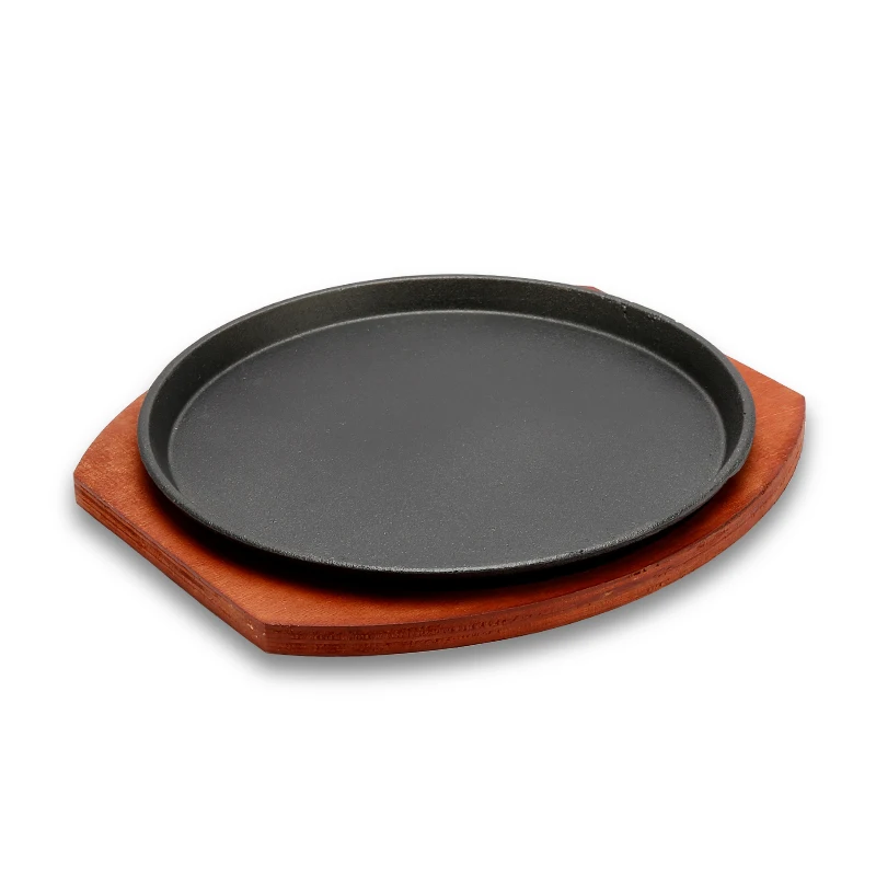 Factory Hot Sale Cast iron non stick hot baking pan sizzling plate with wooden base