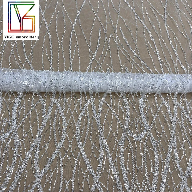 french beaded lace fabric White Bridal Net Laces dubai pearl bead sequins bridal embroidered tulle lace fabric for wedding dress