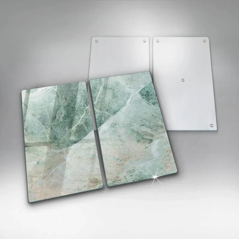 Stone Structure Tempered Glass Splashback as Splash Guard Backsplash Panel in Kitchen with Green Culinary Decor