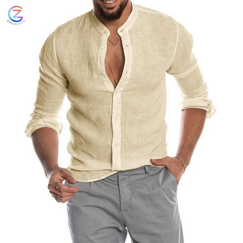 Quick Drying Mens Lone Sleeve Shirt Mature Men Cardigan Flax Plain Dyed Linen Blouse Shirts