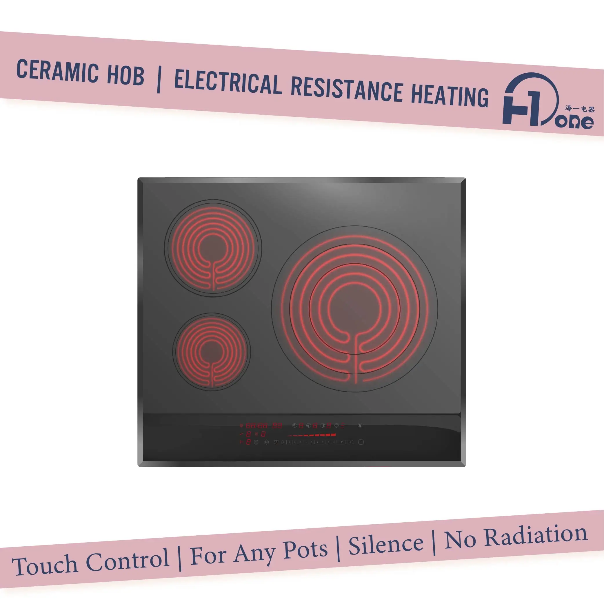 Керамическая плита 3 Zone 60 см с сенсорным управлением, 6500 Вт, 9 уровней мощности, Блокировка безопасности, автоматическое выключение, индикатор остаточного тепла