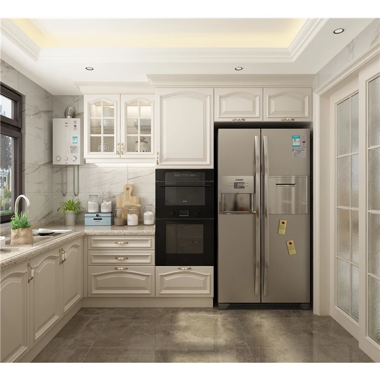 L-shape Home Kitchen Stainless Acrylic Lacquer PVC Membrane Solid Wood Melamine Cabinet High Gloss Kitchen Cabinets Design