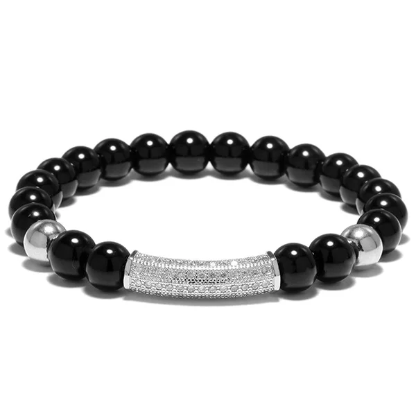 Brand New Copper Bead 8mm Natural Black Onyx Strand Rose gold silver Bracelet Micro Pave CZ Curved Tube Charm Bracelet