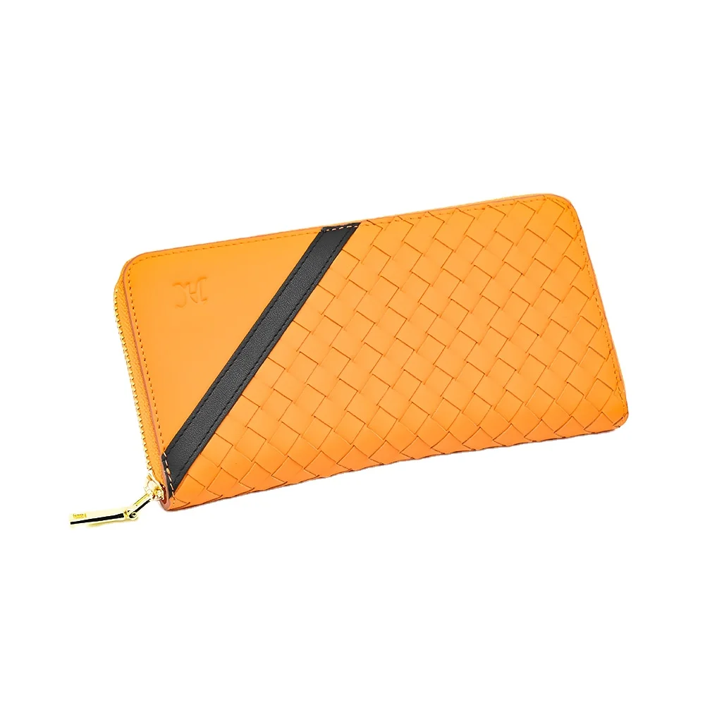 Custom Trendy Unisex Portable Brown RFID Genuine Real Cow Leather Woven Long Card Holder Purse Money Clip Wallets