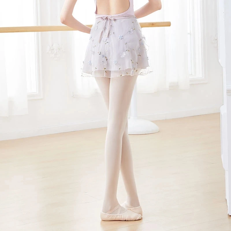 Women Ballet Skirt Embroidery Floral Chiffon Wrap Dance Skirt