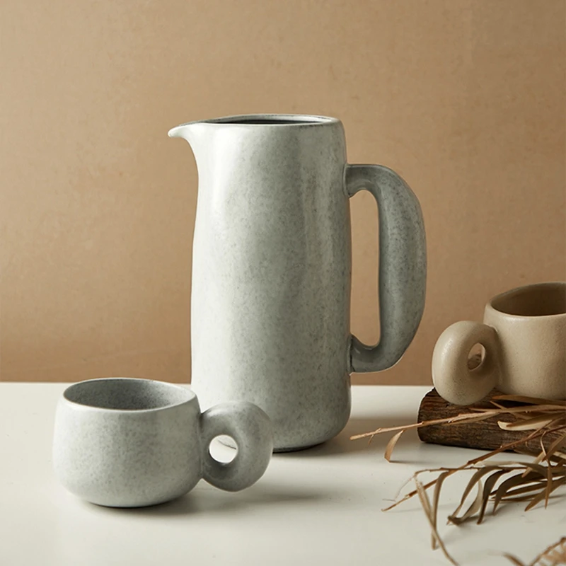 INS Coarse Pottery Coffee Cup And Kettle Set Handmade Vintage Ceramic Water Jug Milk Tea Juice Mug Office Restaurant Drinkware