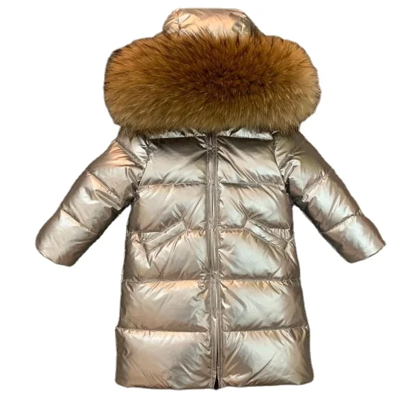 Russian Winter New Children Down Jacket for Girls Super Big Genuine Fur X-Long Coat Kids Snowsuits Clothing