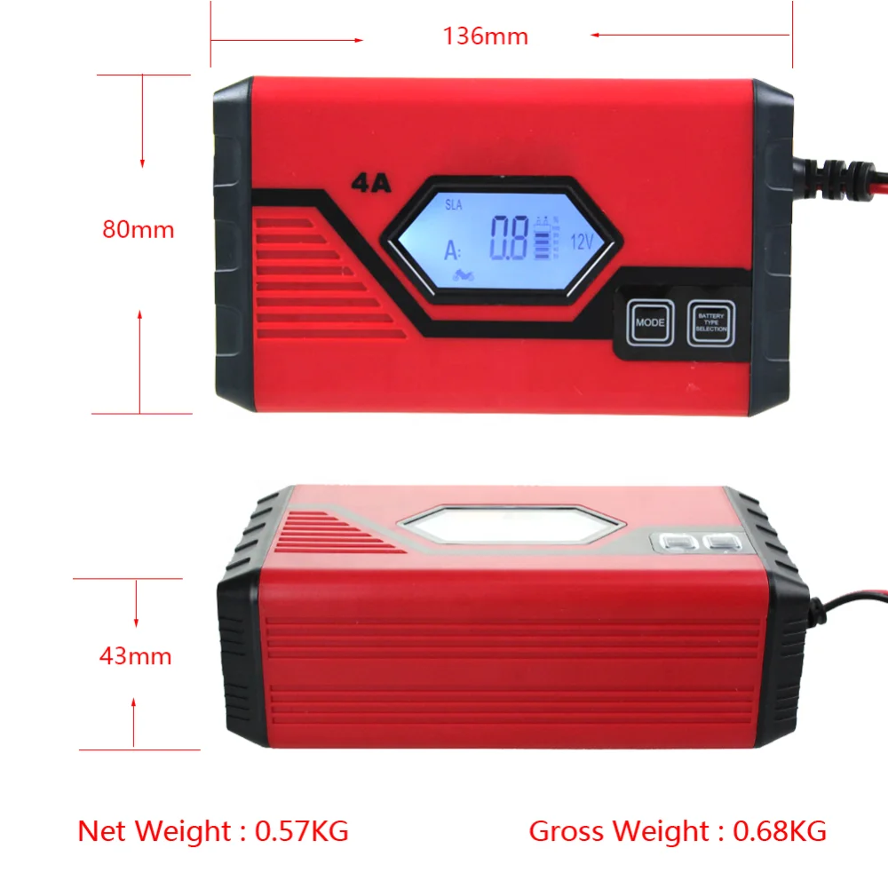 car battery charger 12V 4A Pulse Repair Lead Acid LiFePO4  batteries LCD motorcycle battery charger