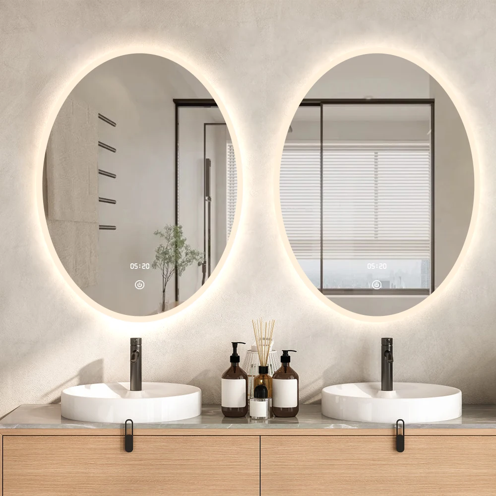 Shower Mirror Oval Frameless Wall Mounted Mirror with LED Lighting and IR Sensor