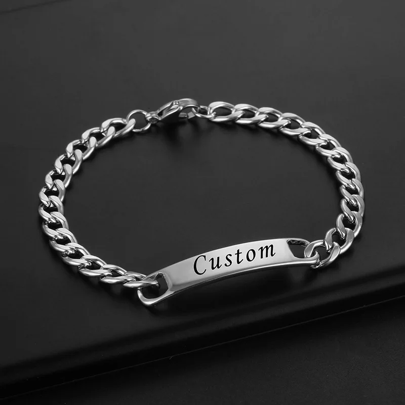 BINSHUO Wholesale Custom Bracelet Jewelry 18k Gold Plated Stainless Steel Cuban Chain Laser Engraving Custom Name Bar Bracelets