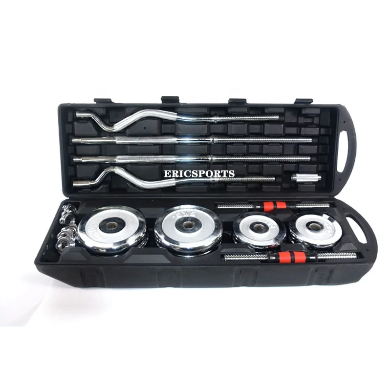 Free  Wholesales Customs logo Adjustable 50kg 55kg Weight Lifting Chrome Gym Dumbbell   Barbell Set With plastic Box