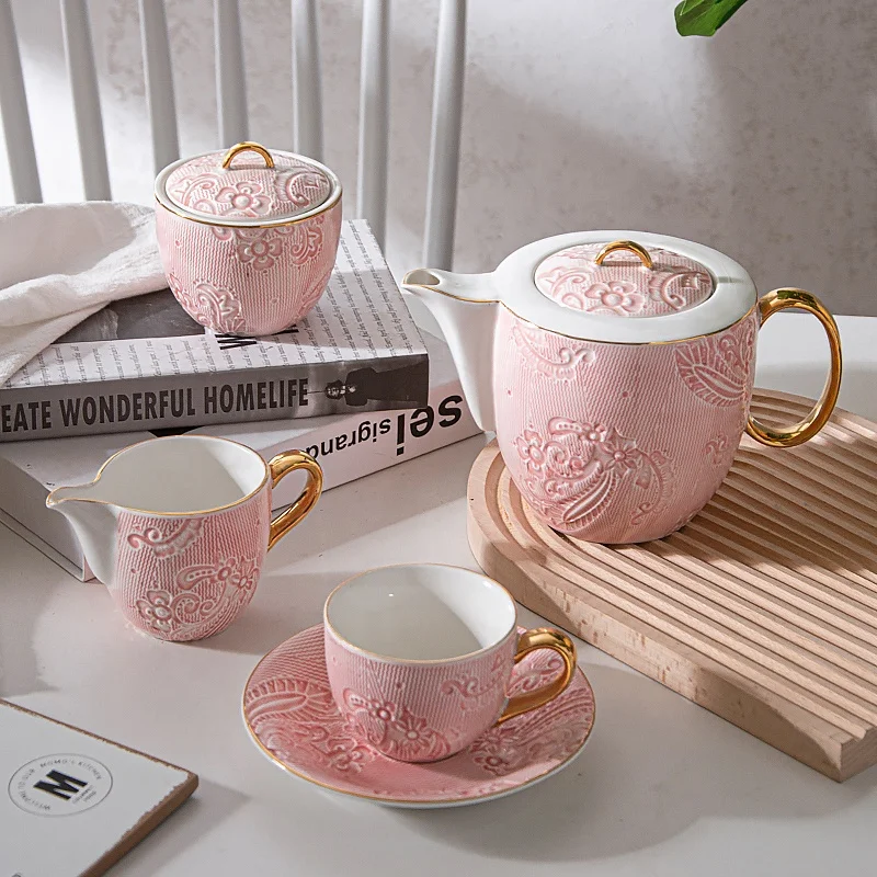 Light Luxury 4PCS Ceramic Afternoon Coffee Pot Cup Set Stoneware Tea Cup Saucer Set