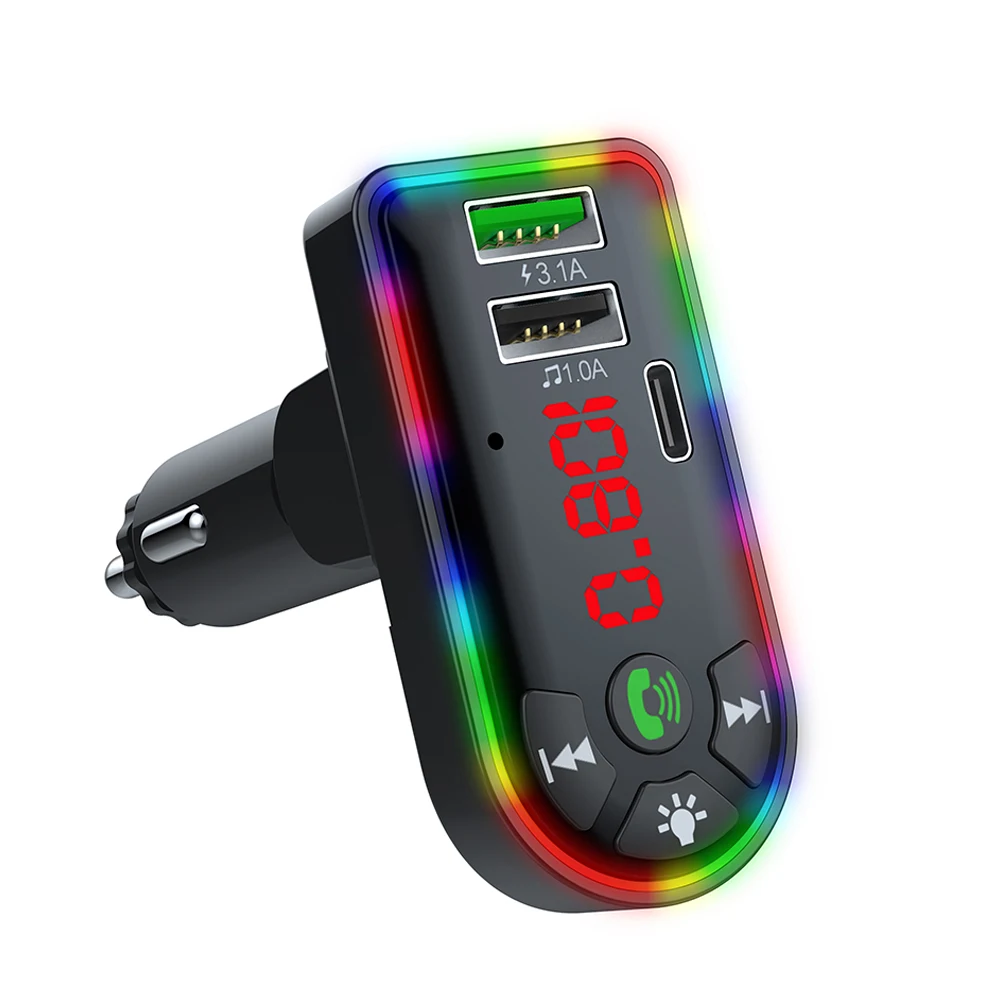 New Bluetooths 5.0 Car charger with colorful led light 3.1A Quick Adapter Dual USB Port Type C PD Car charging station charger