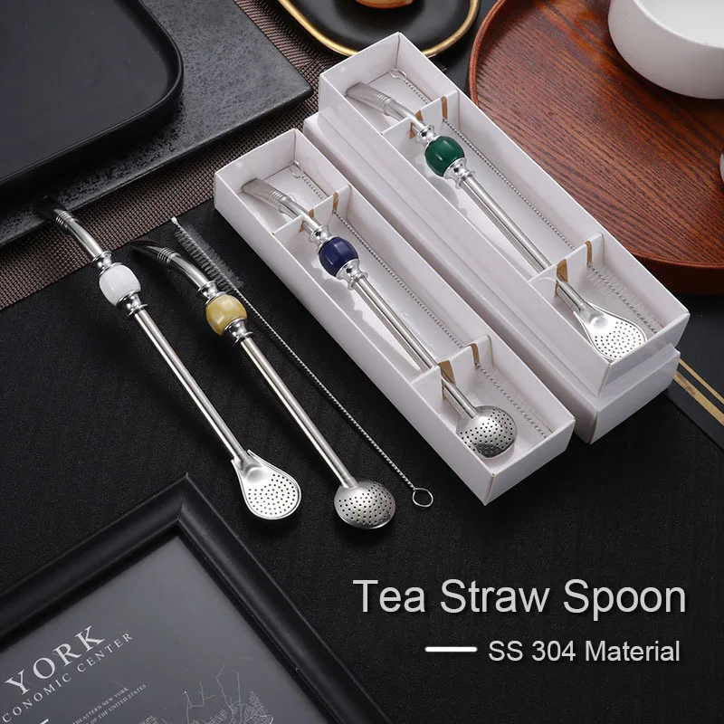 Высококачественные металлические соломинки 304 нержавеющей стали съемные соломенные ложки Yerba Mate с кисточкой в подарочной коробке