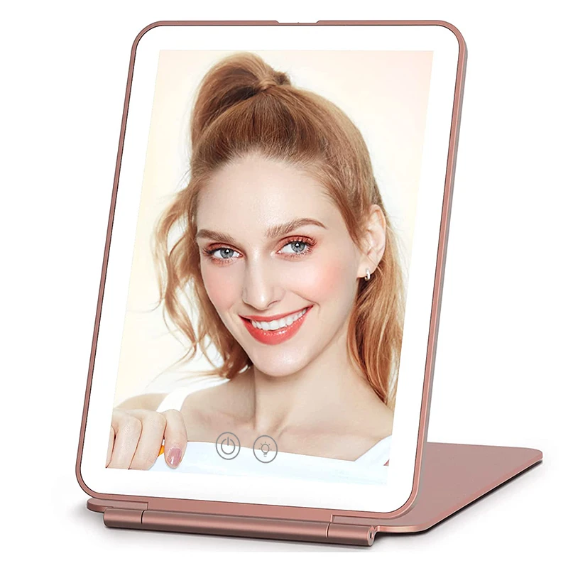 Folding Led Travel Vanity Mirror Smart Touch Control 3 Colors Light Modes Portable Makeup Mirror new