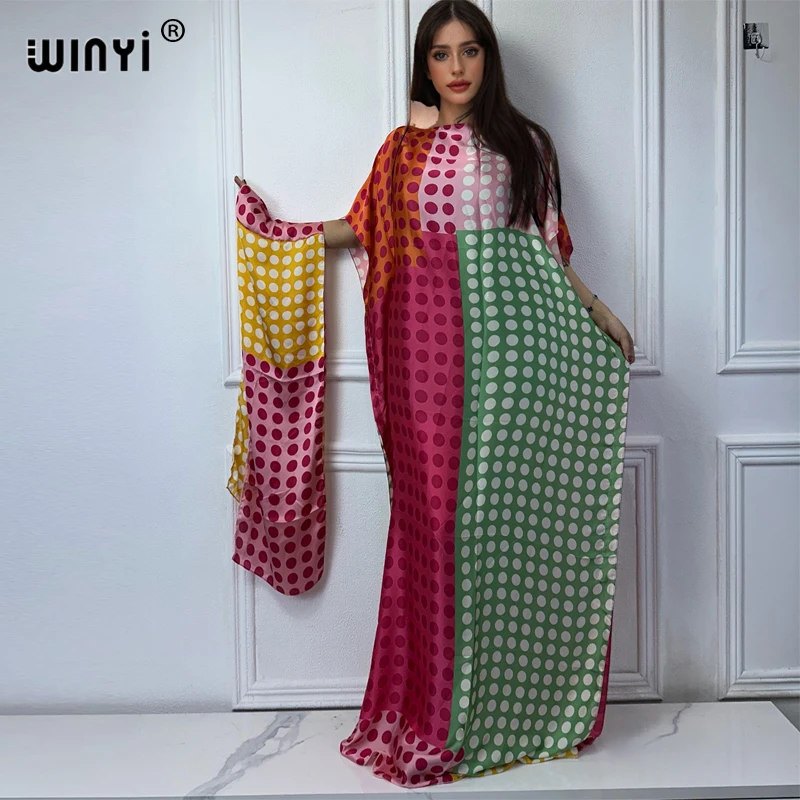 WINYI muslim african dresses for woman dubai abaya Crew Neck Wave dot print Kaftan Dress, Elegant Maxi Length Dress, maxi dress