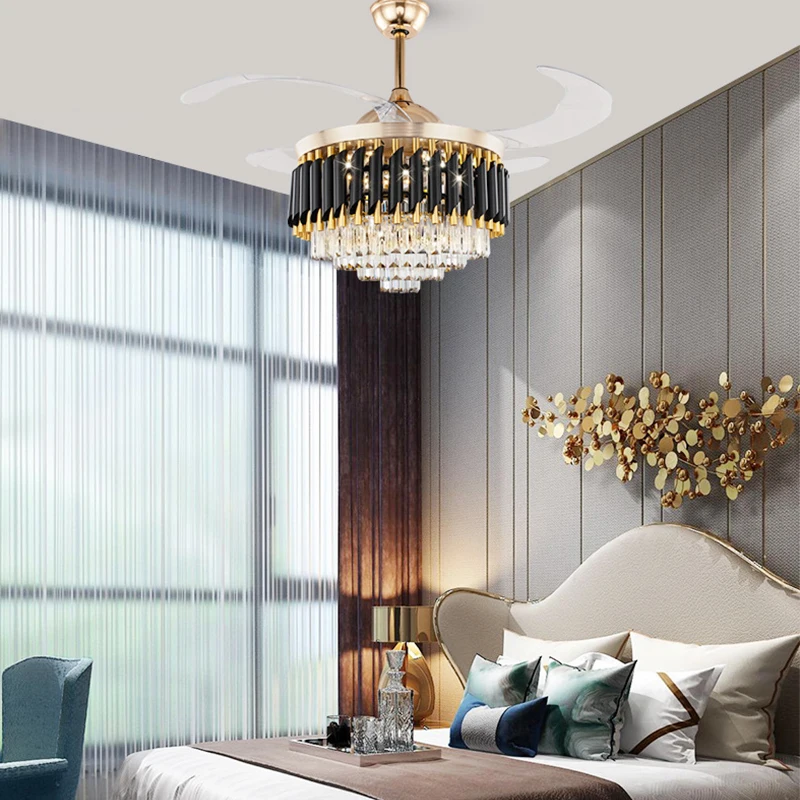 Hot sale 42 inch Acrylic Retractable Blades Ceiling Fan with Crystal Chandelier for Home Decoration