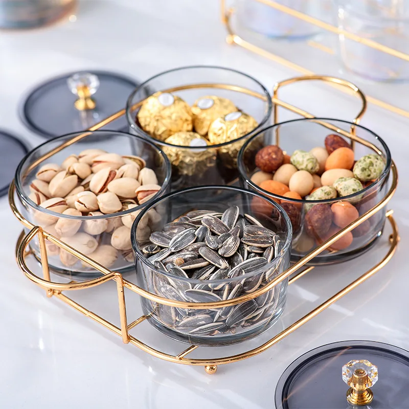 Creative Dried Fruit Plates Glass Serving Dishes Snack Dessert Candy Dish With Lid Metal Tray