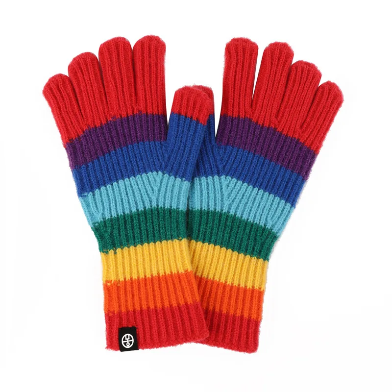 New Arrival Five Finger Warmth Winter Women Long Acrylic Knitted Rainbow Colorful Stripe Gloves