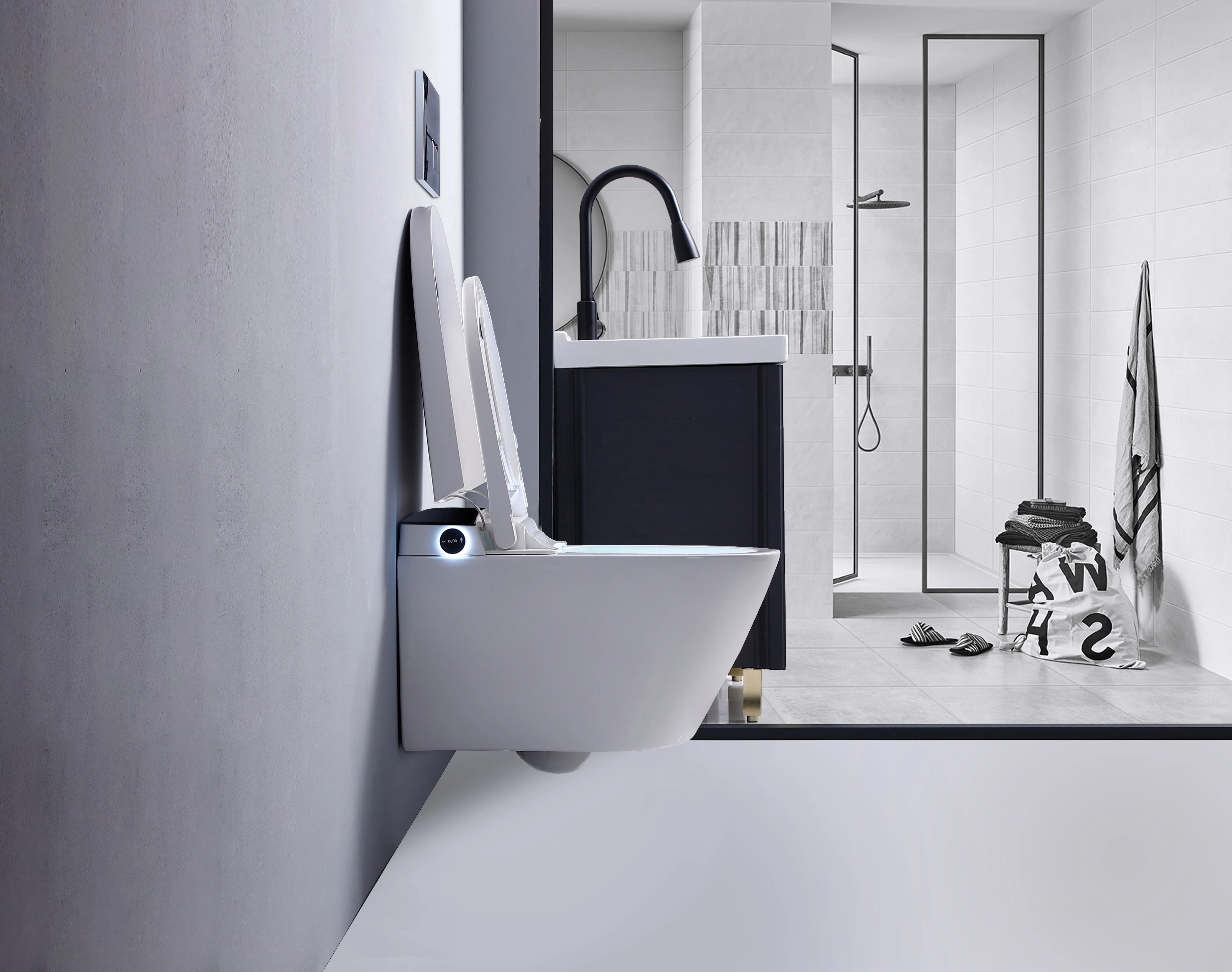 Auto CE watermark Rohs Wholesale bathroom white ceramic wc smart rimless wall hung toilet with bidet