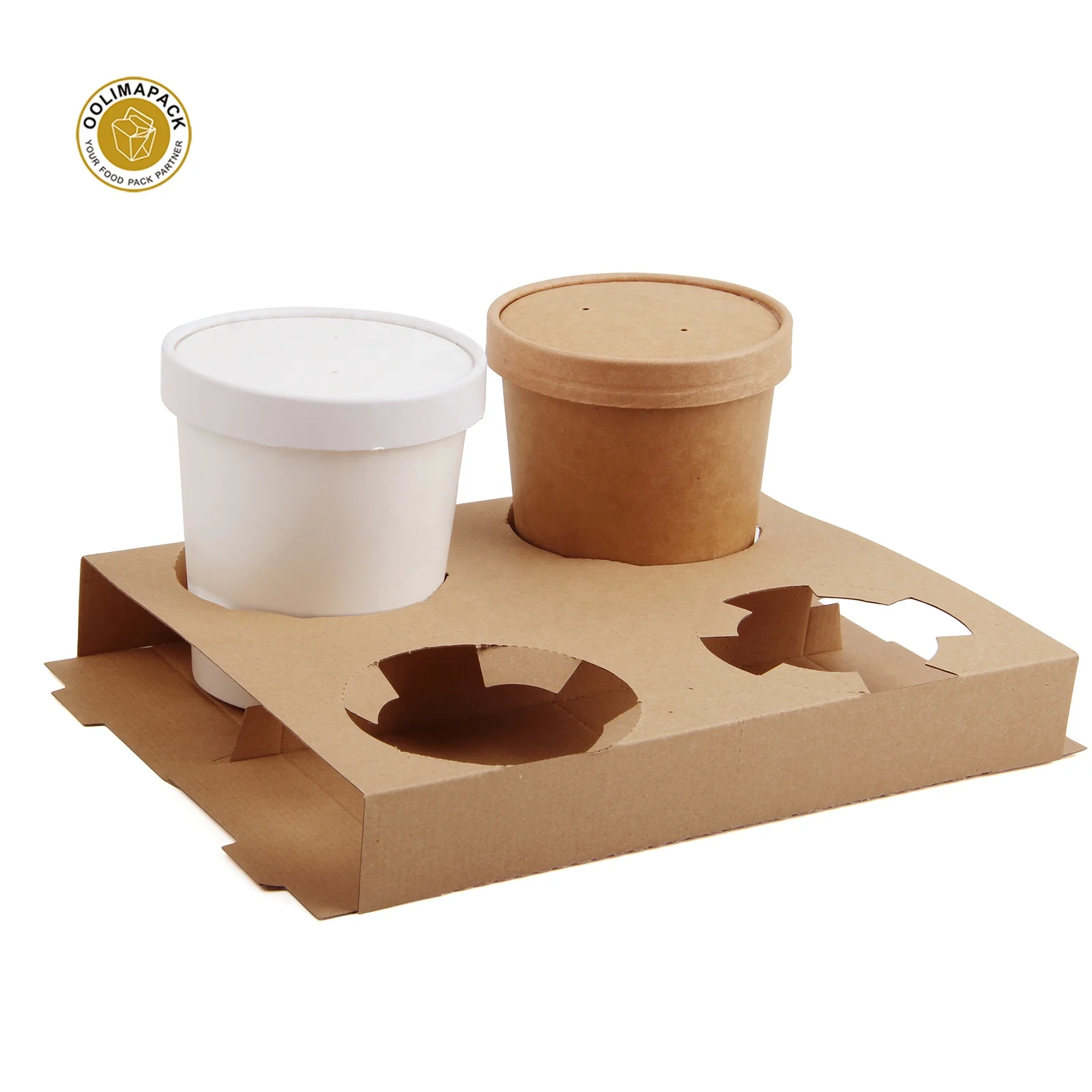 Custom disposable 4 kraft paper corrugated folded tray holder carrier for 8oz 12oz 16oz hot paper soup cup bowl