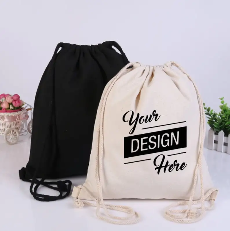 Wholesale Custom Printed Logo Promotional Reusable Eco Color Canvas Cotton Backpack Drawstring Bags Gym Bag