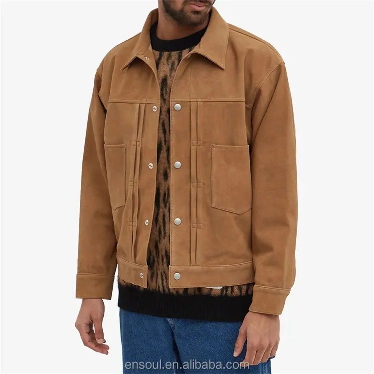 OEM Custom square collar 2 front pockets goat suede leather jacket for men