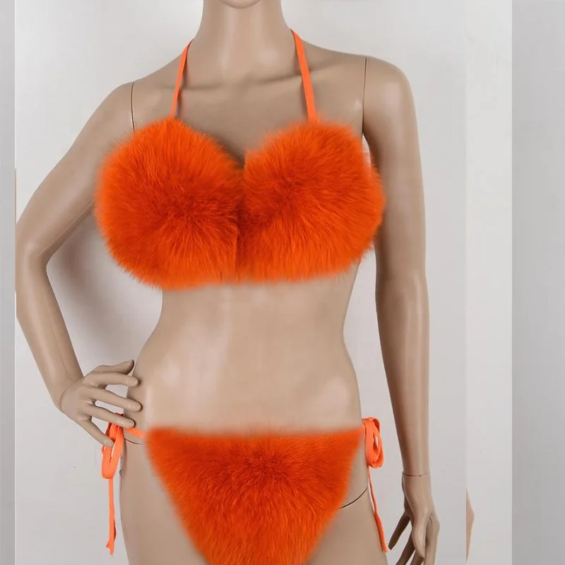 Женское бикини из натурального Лисьего меха, летнее пляжное нижнее белье, праздничный плотный пушистый бюстгальтер из натурального меха