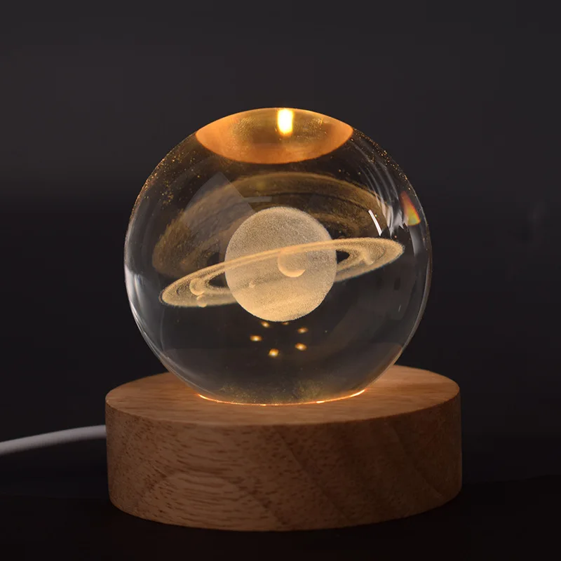 Personalised 3D Carved Inside Crystal Star Saturn Warm White Table Lamp Wood Base Children Gift Kids Room Decor LED Night Light