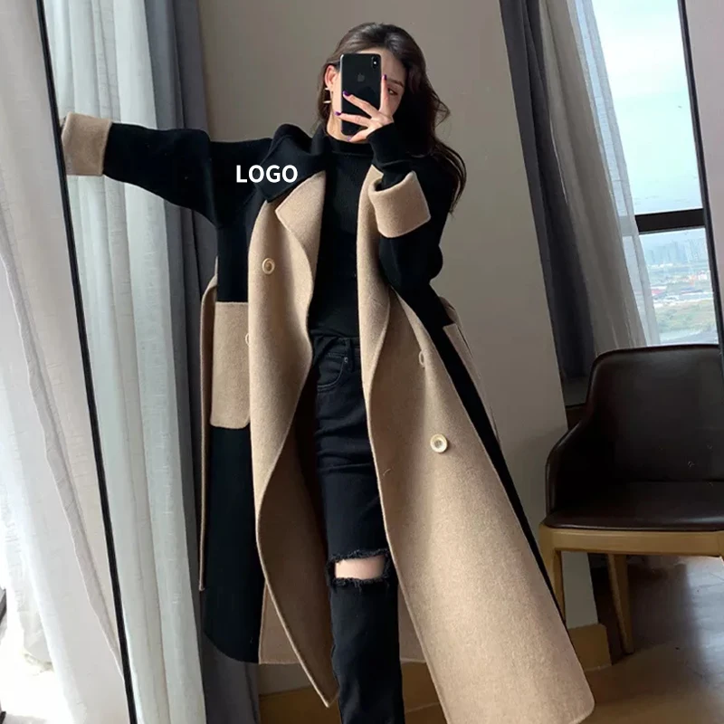 New 2021 Ladies luxury patchwork Real cashmere Woolen trench Outerwear 1395